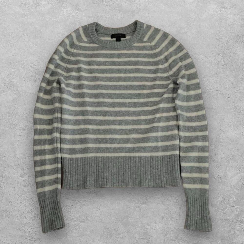J.Crew Holly Striped Wool Knit Pullover Crewneck Sweater Gray White XXS